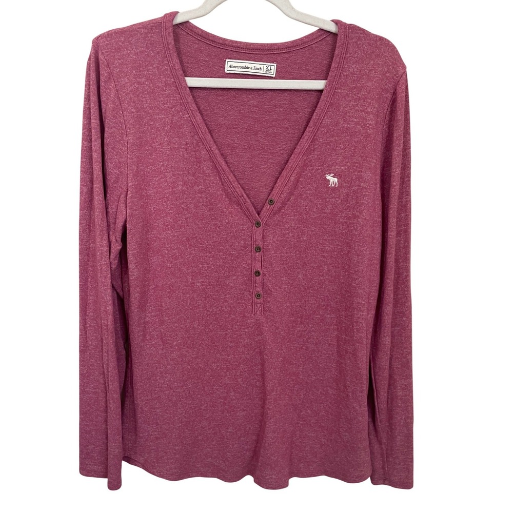 Abercrombie & Fitch XL Pink Heathered Long Sleeve V-Neck Henley Top Moose Logo